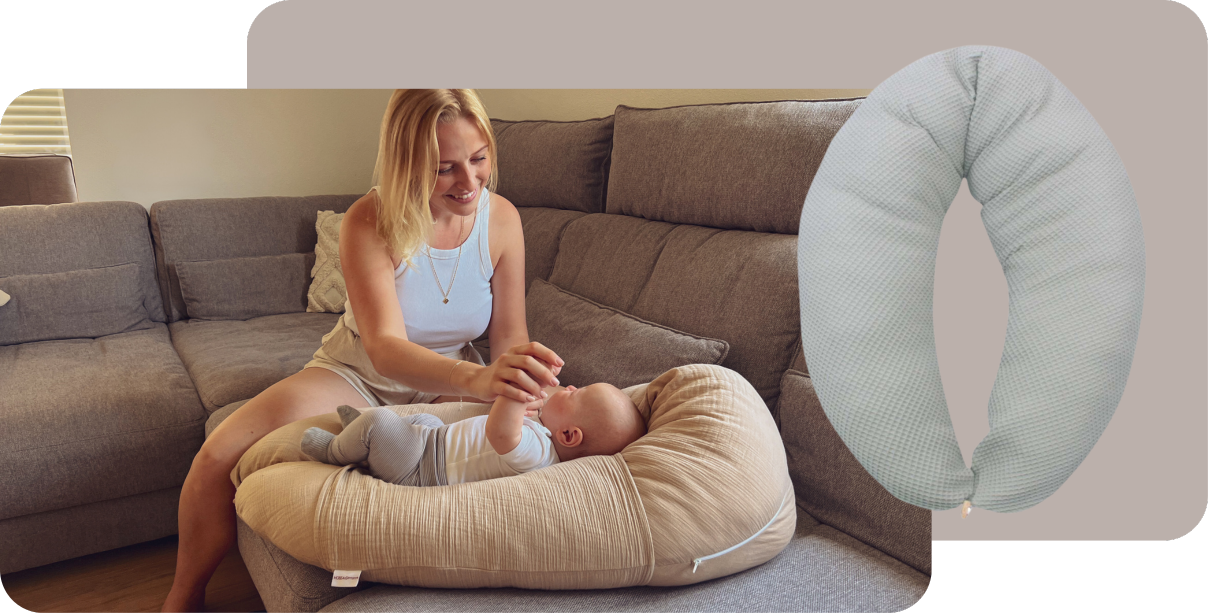 Imagebild Mama mit Baby und Produktbild Stillkissen Waffelmuster