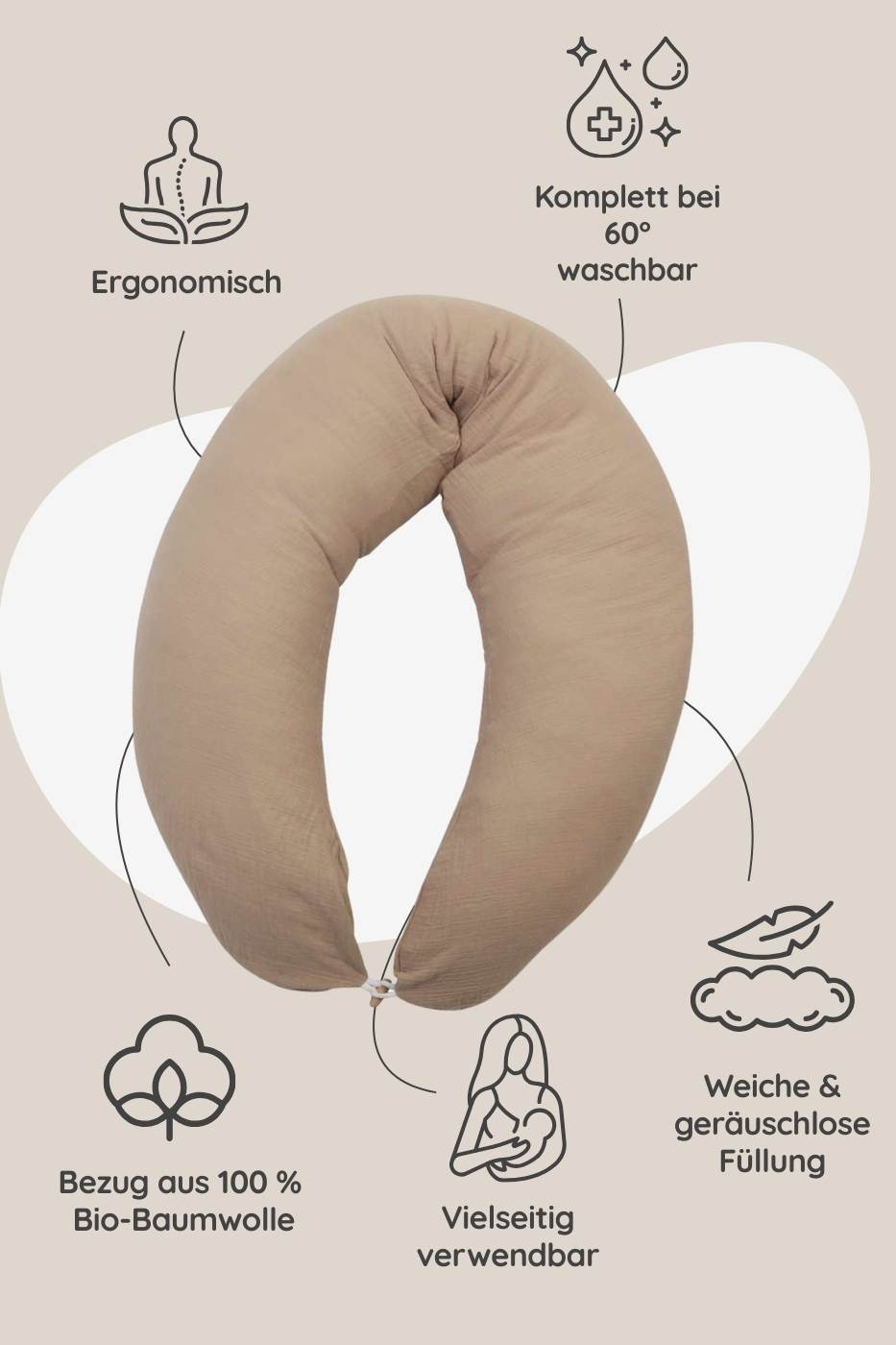Stillkissen Musselin taupe Stillkissen Musselin taupe + Baby Lagerungsbezug, Kissen, Dekoration für Zuhause, Kopfstütze